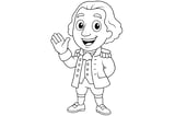 George Washington smiling and waving, wearing a colonial military uniform with epaulettes, visible hand and shoes.