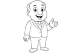 Alfred Hitchcock smiling in a suit and tie, with one hand raised and the other down, showing a bald head and formal shoes.