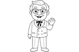 Colonel Sanders smiling and waving, wearing glasses, a goatee, and a double-breasted suit with a western string tie.