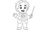 Ludwig van Beethoven smiling and waving, holding a conductor’s baton, wearing a suit with bow tie and vest, with tousled hair.