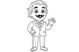 Salvador DalĂ smiling and waving, wearing a suit and tie with polka dots, holding a cane, and showing his signature mustache and wavy hair.