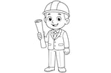 Architect in a suit, wearing a hard hat and holding a rolled blueprint in one hand.