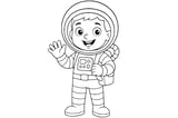 Astronaut in a space suit, waving with one hand and wearing a helmet with visible control panel and oxygen pack.