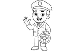 Driver smiling and waving, wearing a cap and uniform, holding a steering wheel in one hand.