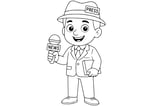 Journalist smiling in a suit and press hat, holding a news microphone in one hand and a notebook in the other.