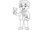 Lawyer smiling in a suit and tie, holding a gavel in one hand and a law book in the other.