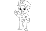 Mail carrier smiling and waving, wearing a cap with an envelope symbol and carrying a shoulder bag.