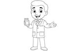 Pharmacist smiling in a lab coat and tie, holding a medicine bottle in one hand and gesturing with the other.