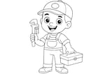 Plumber smiling in overalls and a cap, holding a pipe wrench in one hand and a toolbox in the other.