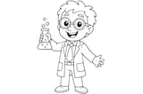 Scientist holding a bubbling flask in one hand, wearing a lab coat, glasses, and a tie.