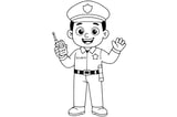 Security guard holding a walkie-talkie, wearing a uniform and cap with a badge.