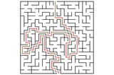 Rectangular maze in black and white with straight walls and a highlighted orange path.