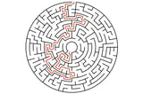 Circular maze in black and white with curved paths and a highlighted orange solution line.
