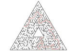 Triangular maze in black and white with angled corridors and an orange solution line.