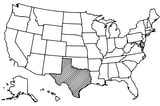 Map of the United States with Texas highlighted using diagonal shading.