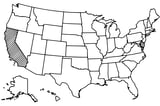 Map of the United States with California highlighted using diagonal shading.