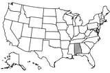 Map of the United States with Alabama highlighted using diagonal shading.