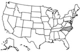 Map of the United States with North Carolina highlighted using diagonal shading.