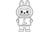 Labubu smiling and holding a rectangular chalkboard with a large bubble letter 'L', the first letter of his name.