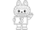 Labubu smiling and holding a rectangular chalkboard with a large bubble number '3'.
