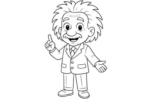 Albert Einstein smiling with wild hair, wearing a suit and tie, raising one finger and extending the other hand.