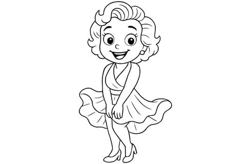 Marilyn Monroe smiling with short curly hair, wearing a flowing dress and high heels, holding down her skirt with both hands.