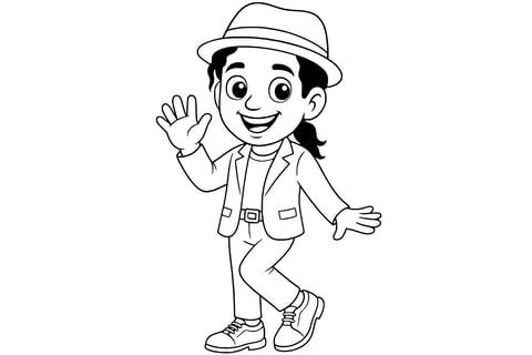 Michael Jackson smiling with long hair in a ponytail, wearing a fedora hat, jacket, belt, and sneakers, waving one hand and dancing.