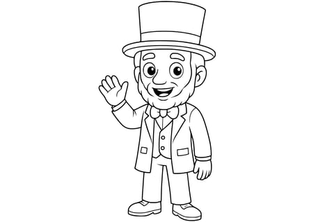 Abraham Lincoln smiling with a beard, wearing a tall top hat, bow tie, suit, and waving with one hand.
