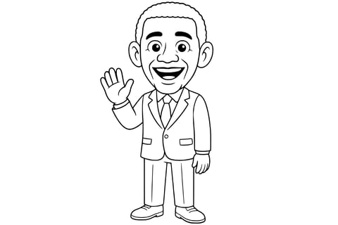 Barack Obama smiling, wearing a suit and tie, and waving with one hand.
