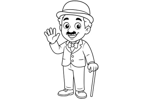 Charlie Chaplin smiling with a small mustache, wearing a bowler hat, bow tie, and suit, waving with one hand and holding a cane with the other.