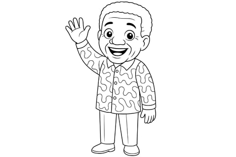 Nelson Mandela smiling, wearing a patterned shirt and pants, waving with one hand.