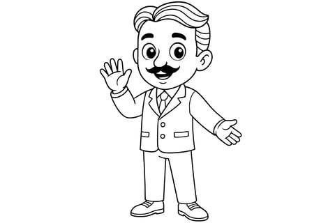 Nikola Tesla smiling with a neat mustache, wearing a suit and tie, waving with one hand and gesturing with the other.