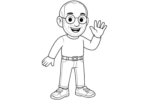 Steve Jobs smiling with glasses and stubble, wearing a long-sleeve shirt, jeans, and sneakers, waving with one hand.