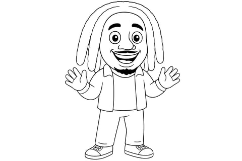 Bob Marley smiling with both hands raised, wearing a shirt, pants, and sneakers, with visible dreadlocks and beard.