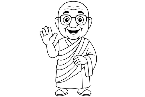 the Dalai Lama smiling and waving, wearing glasses and traditional robes, with visible hand, feet, and facial features.