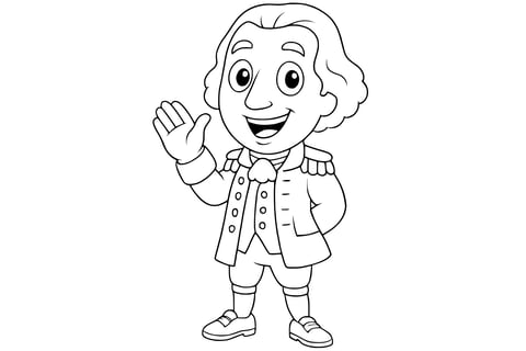 Coloring page of George Washington smiling and waving, wearing a colonial military uniform with epaulettes, visible hand and shoes. Clean line art without background.