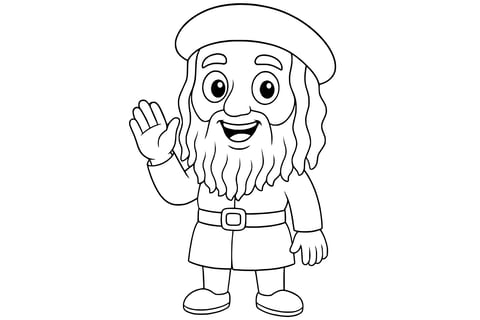 Coloring page of Leonardo da Vinci smiling and waving, with long wavy hair, a beard, wearing a tunic, belt, and beret-style hat. Clean line art without background.