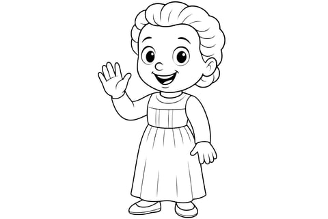Coloring page of Marie Curie smiling and waving, wearing a long dress with puffed sleeves and flat shoes, with visible facial features and hands. Clean line art without background.