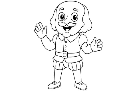 Coloring page of William Shakespeare smiling with arms open, wearing a doublet, belt, and puffed shorts with buckle shoes and a mustache. Clean line art without background.
