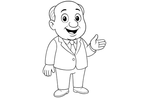 Coloring page of Alfred Hitchcock smiling in a suit and tie, with one hand raised and the other down, showing a bald head and formal shoes. Clean line art without background.