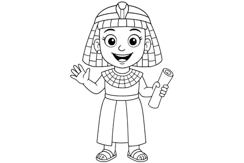 Coloring page of Cleopatra smiling and waving, wearing a traditional headdress, necklace, sandals, and holding a scroll. Clean line art without background.