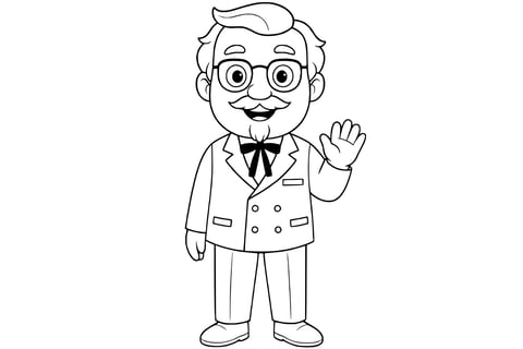 Coloring page of Colonel Sanders smiling and waving, wearing glasses, a goatee, and a double-breasted suit with a western string tie. Clean line art without background.