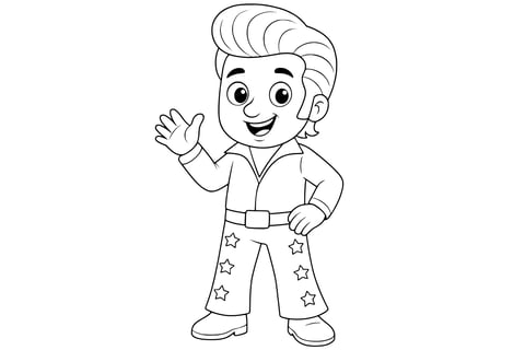 Coloring page of Elvis Presley smiling and waving, with slicked-back hair, wearing a jumpsuit with star decorations and a wide belt. Clean line art without background.