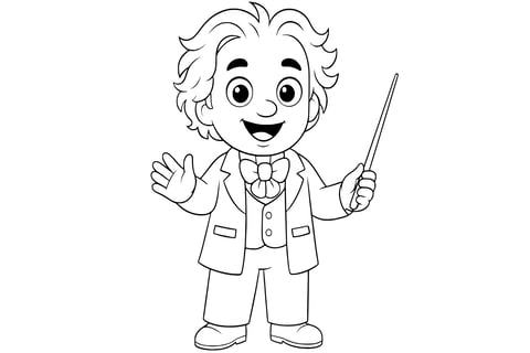 Coloring page of Ludwig van Beethoven smiling and waving, holding a conductor’s baton, wearing a suit with bow tie and vest, with tousled hair. Clean line art without background.