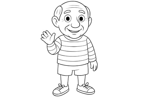 Coloring page of Pablo Picasso smiling and waving, wearing a striped shirt, shorts, and sneakers, with a bald head and visible facial lines. Clean line art without background.