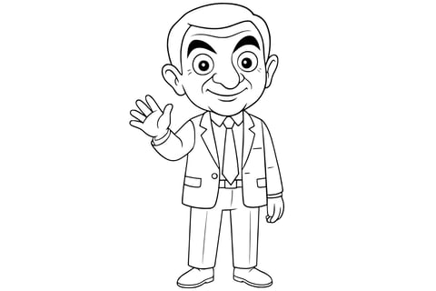 Rowan Atkinson smiling and waving in Mr. Bean style, wearing a suit and tie with exaggerated eyebrows and a playful expression.
