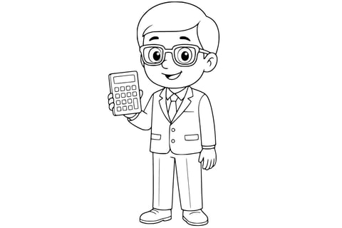 Coloring page of an accountant smiling in a suit, wearing glasses and holding a calculator in one hand. Clean line art without background.