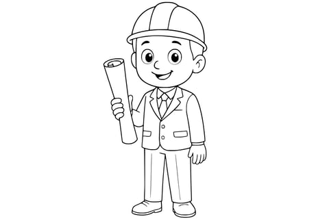 Coloring page of an architect smiling in a suit, wearing a hard hat and holding a rolled blueprint in one hand. Clean line art without background.