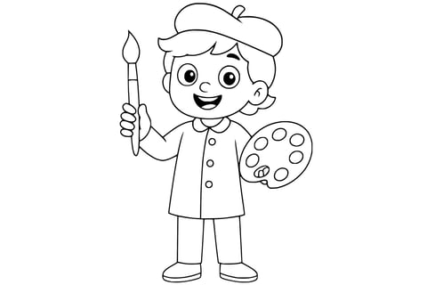 Coloring page of an artist smiling, wearing a beret and holding a paintbrush in one hand and a palette in the other. Clean line art without background.