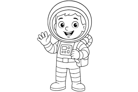 Coloring page of an astronaut smiling in a space suit, waving with one hand and wearing a helmet with visible control panel and oxygen pack. Clean line art without background.